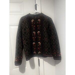 Vintage‎ Icelandic Design Floral Full Zip Nordic Embroidered Sweater S Fair Isle